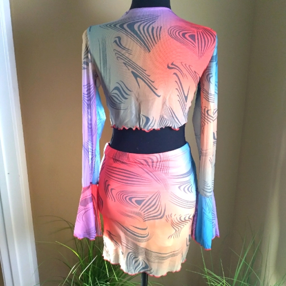 Women's Two-piece Bright Color Mesh Tie Up Shirt w/Skirt- Size Medium NWOT - Picture 9 of 17